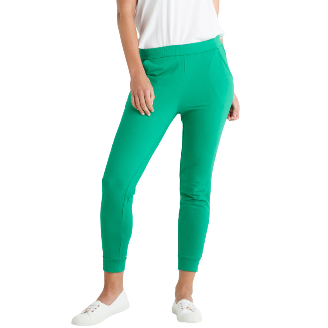 Featuring a figure flattering flat front waistband and slimming straight leg with cuff the Lindsay Jogger in Jade Green from Betty Basics were made for comfort.