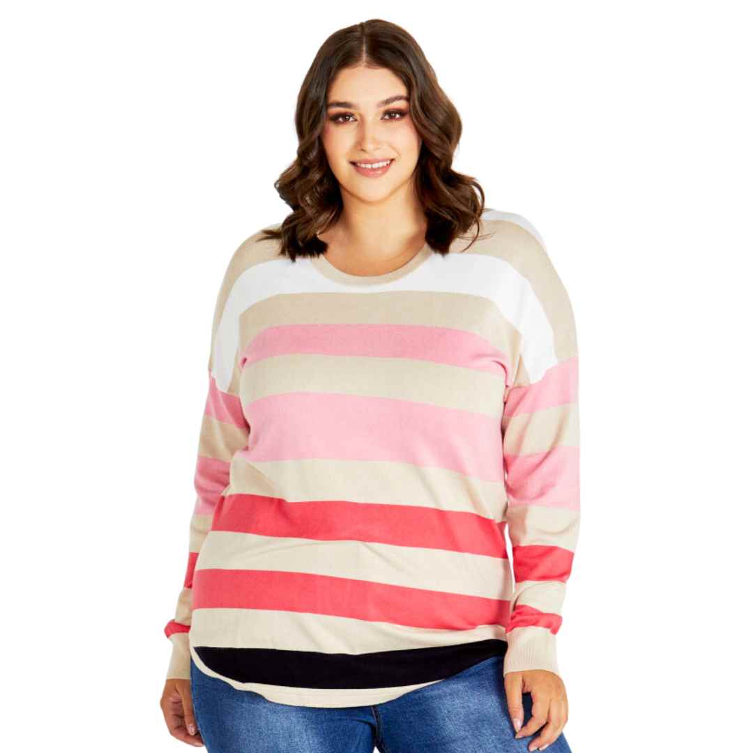 Made with soft and super stretchy knitted fabric, the Sophie Knit jumper from Betty Basics is like wearing a warm hug all day long. This lightweight knit features a beige base with Barbie pink, watermelon and a black stripe