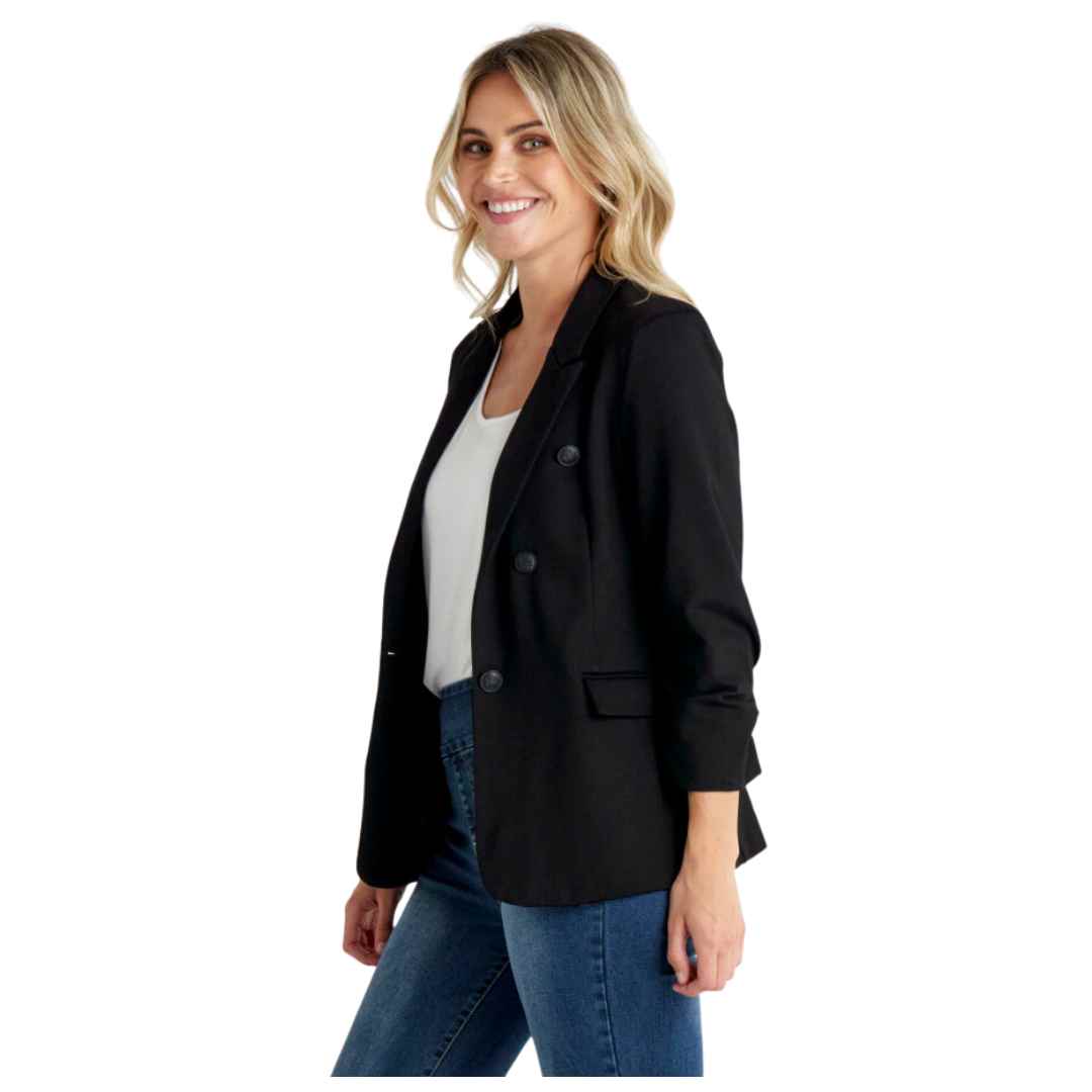 The Viola Ponte Blazer from Betty Basics is a  classic blazer featuring a notched collar, military styling, pockets and a flattering single-breasted silhouette.