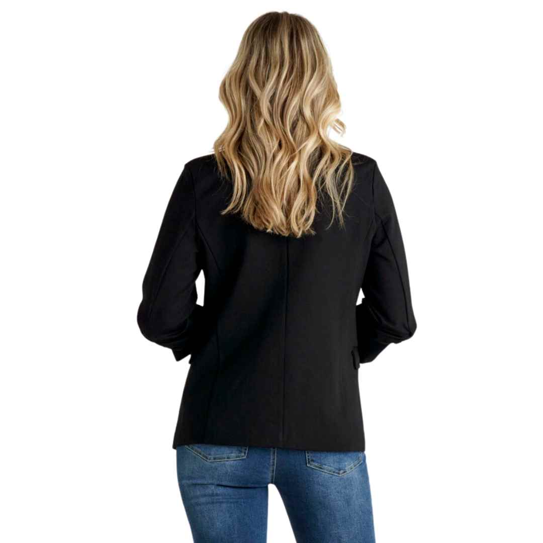 The Viola Ponte Blazer from Betty Basics is a  classic blazer featuring a notched collar, military styling, pockets and a flattering single-breasted silhouette.
