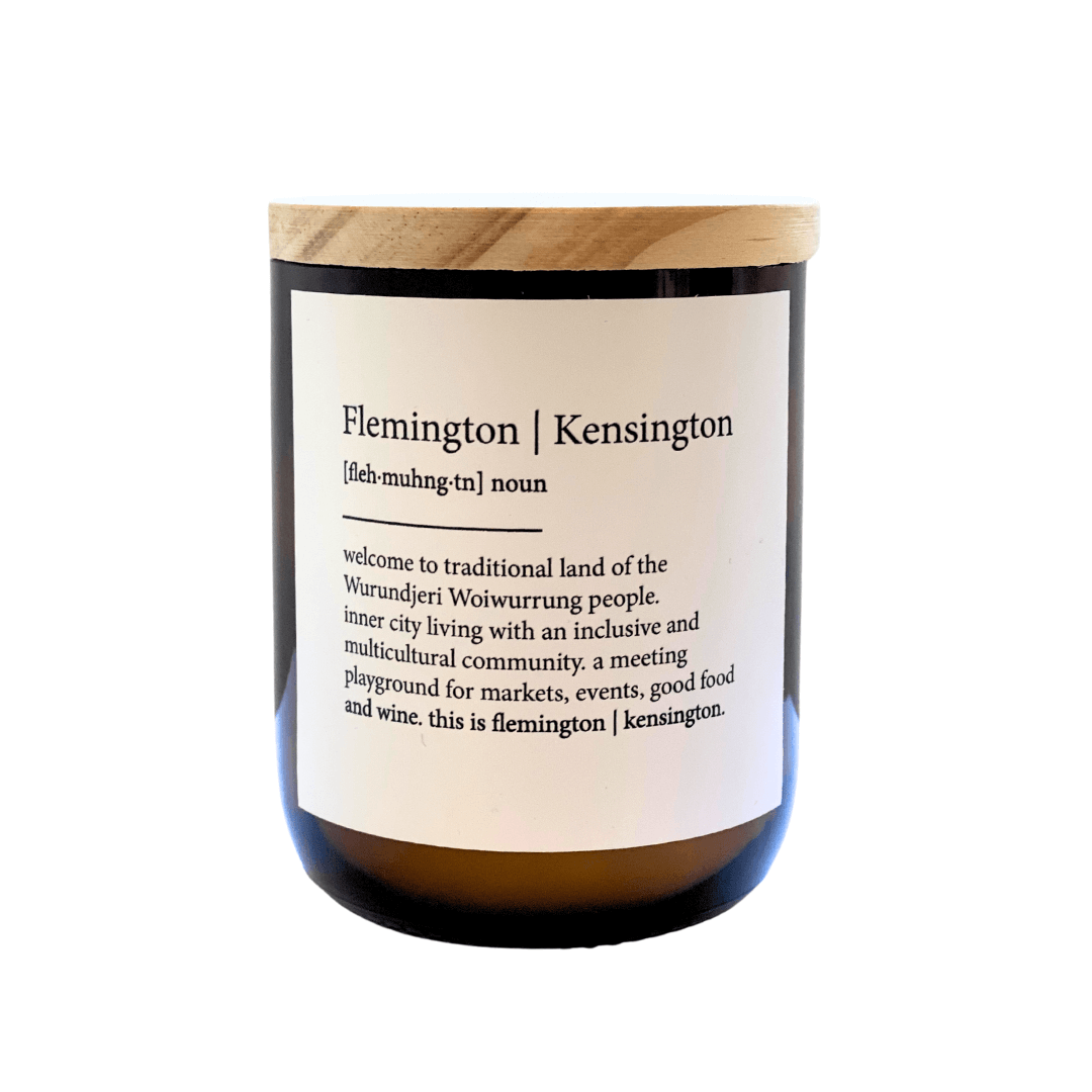 This is Flemington Kensington soy candle Available in 2 scents Byron Bay & Tulum