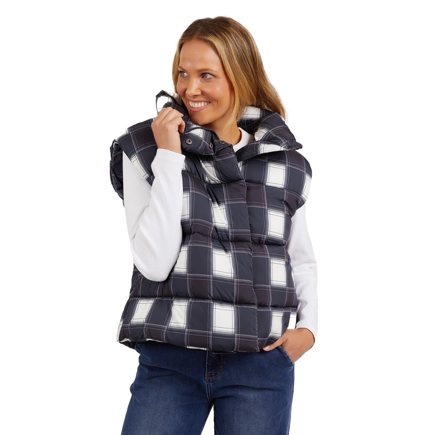 Cedar Check Puffer Vest - Navy