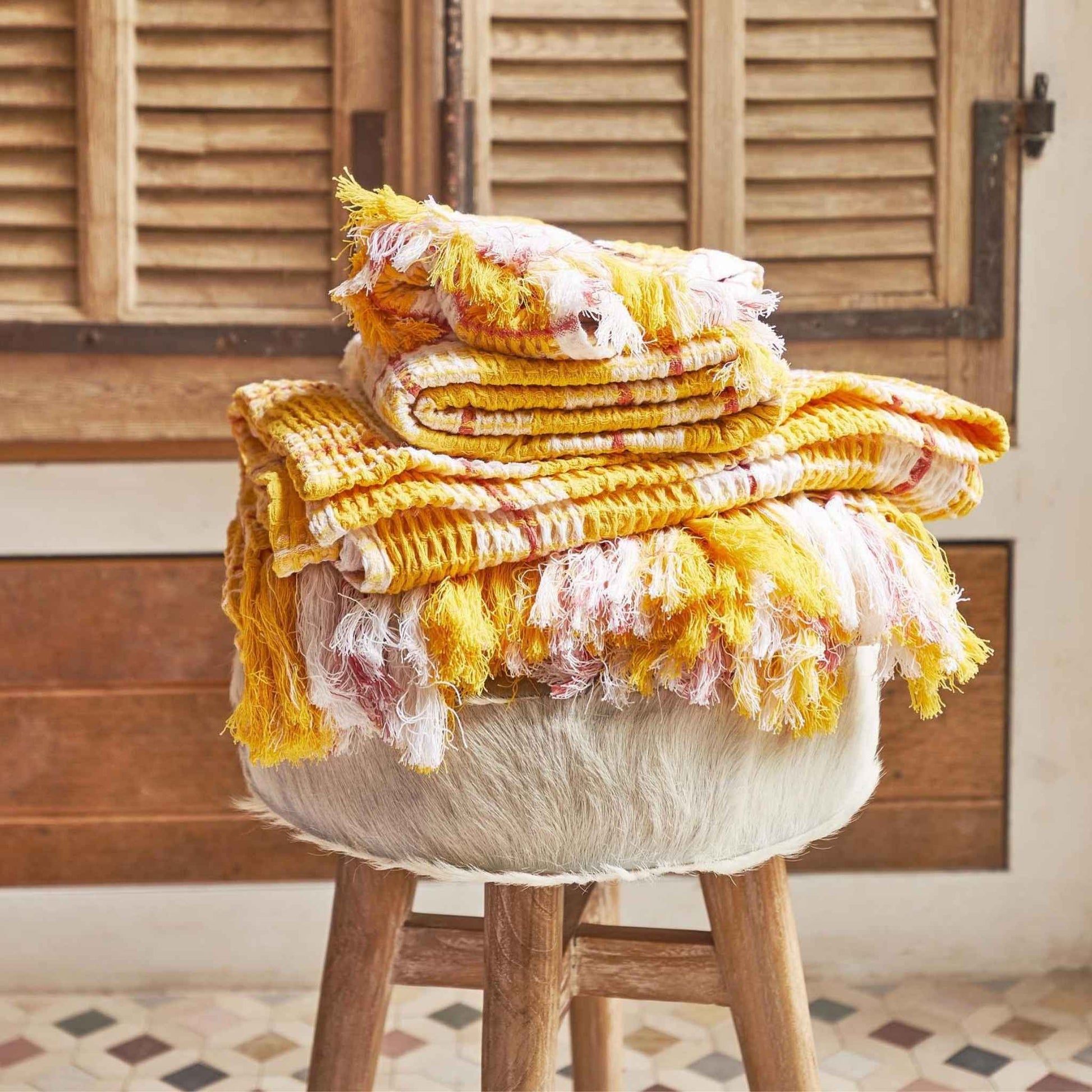 The Lemon Meringue Waffle Bath Sheet / Beach Towel features a yellow and white tartan with salmon pink stripe.