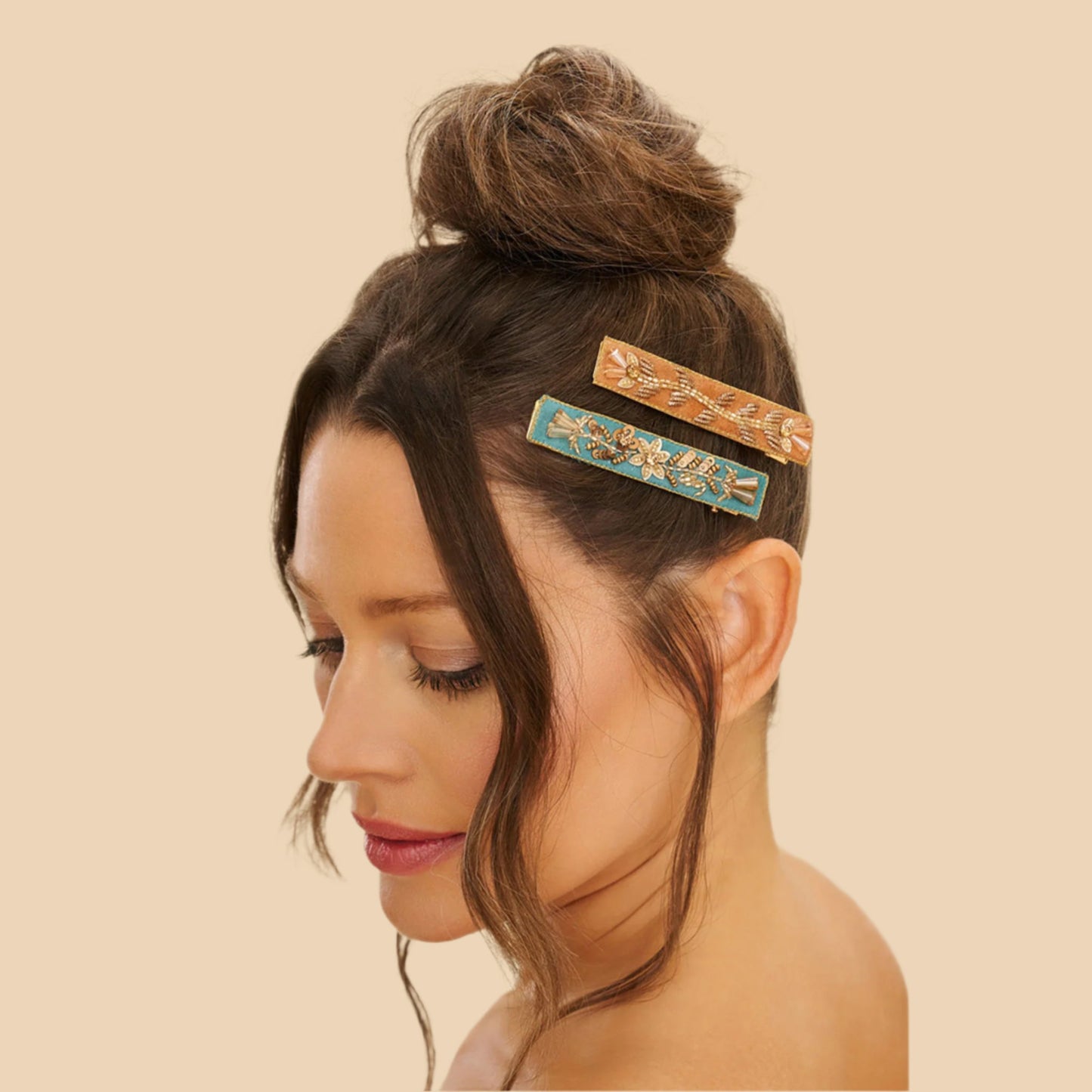 Floral Vines Narrow Jewelled Bar Hair Clips (Set of 2) - Turquoise & Mustard