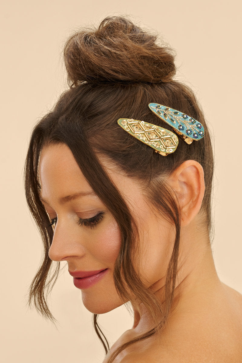 Jewelled Hair Clips (Set of 2) - Tile & Wheat / Sage & Teal