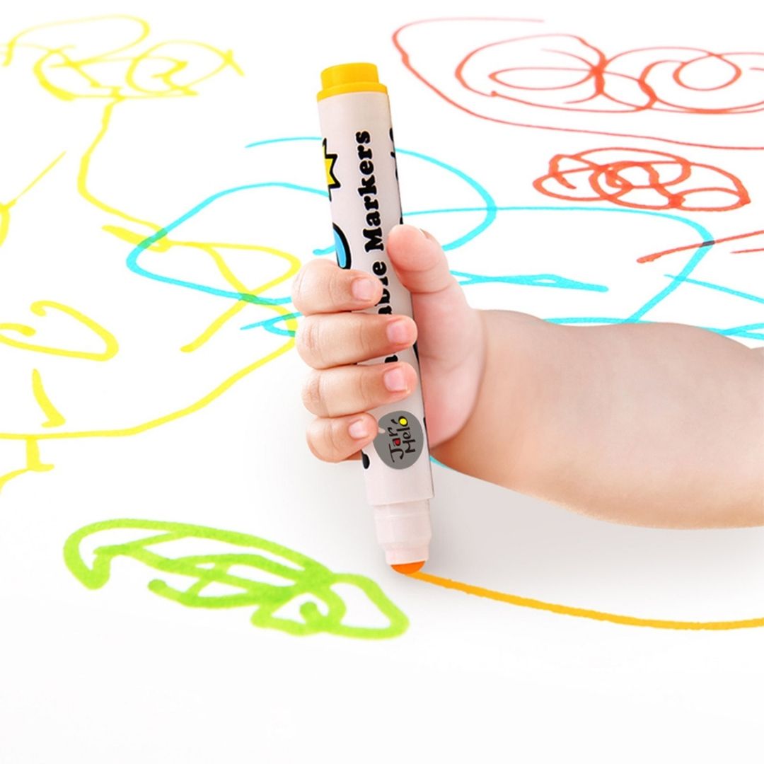 Round tip washable non-toxic markers for toddlers. 12 markers come in their own colourful storage container