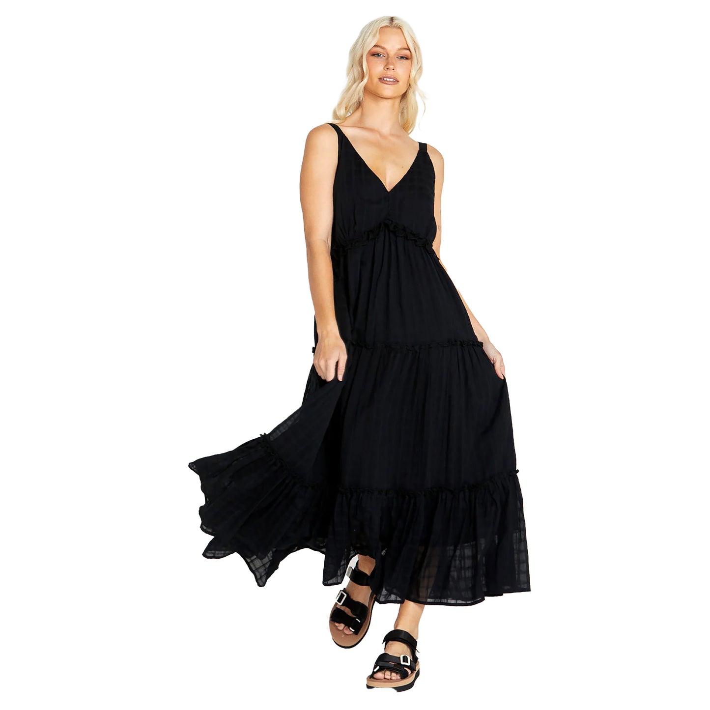 Ruby V-Neck Tiered Cotton Maxi Dress - Black