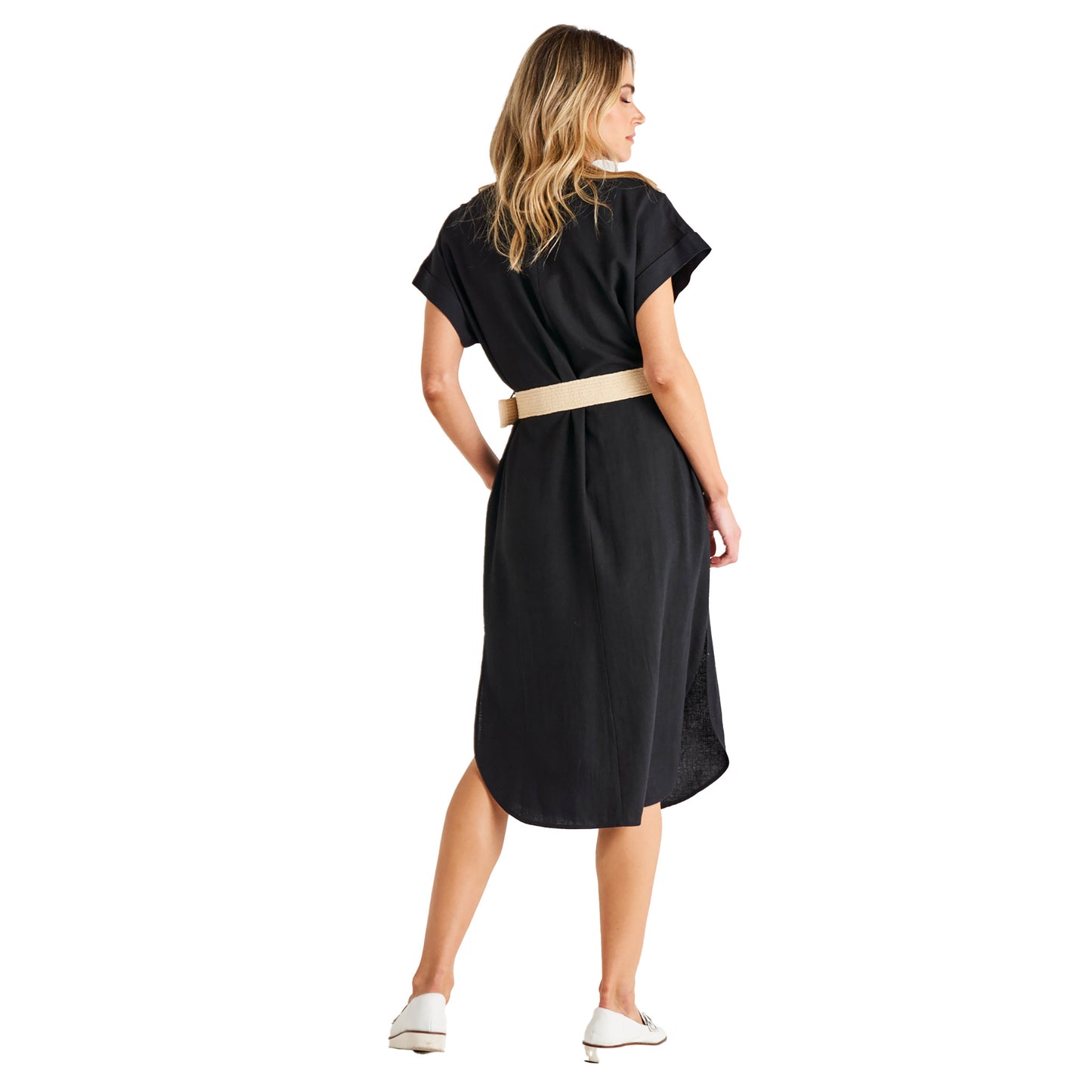 Roma V-Neck Relaxed Linen Midi Dress - Black