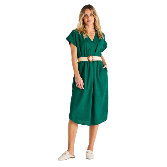 Roma V-Neck Relaxed Linen Midi Dress - Hunter Green