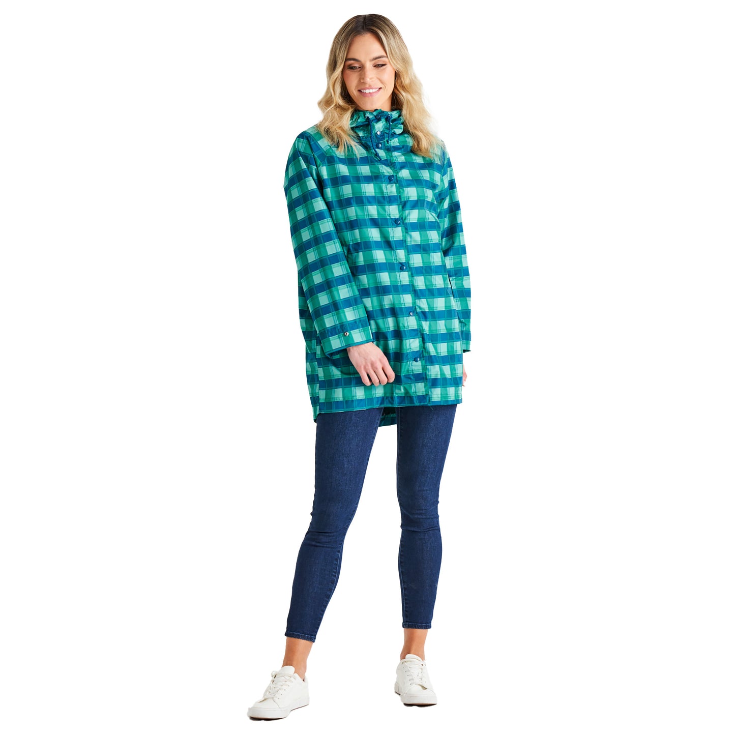 Rosie Relaxed Waterproof Raincoat - Green & Blue Tartan Check
