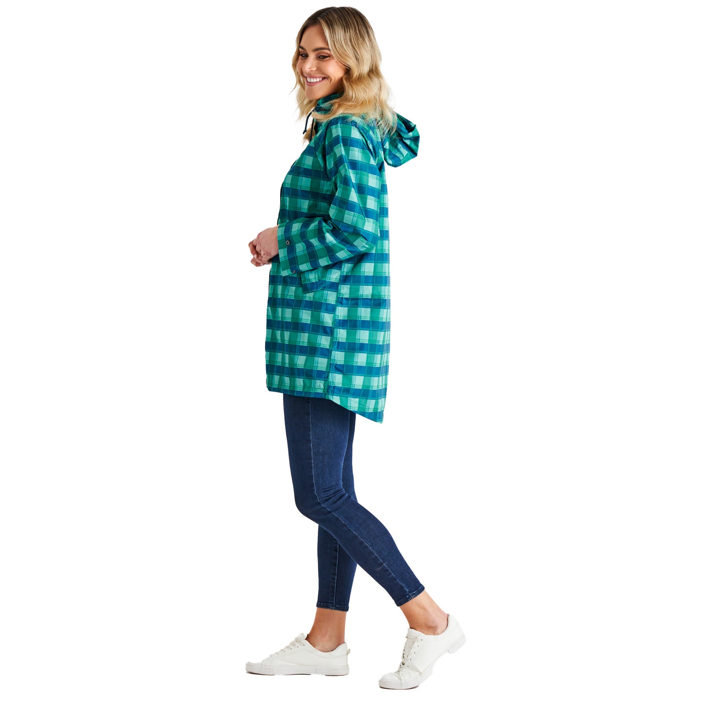Rosie Relaxed Waterproof Raincoat - Green & Blue Tartan Check