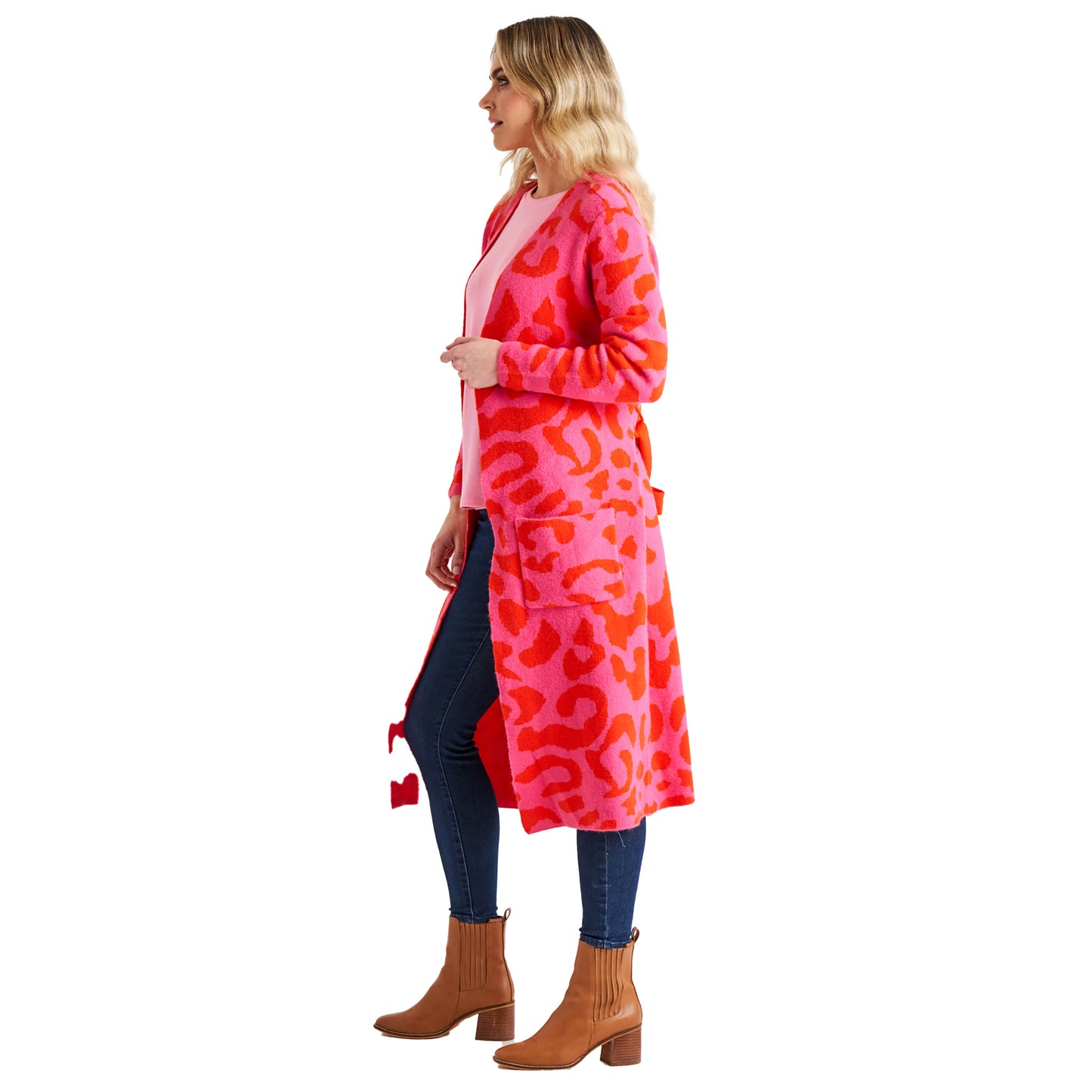 Swift Wraparound Oversized Tie Waist Cardigan - Pink/Red Cheetah Print