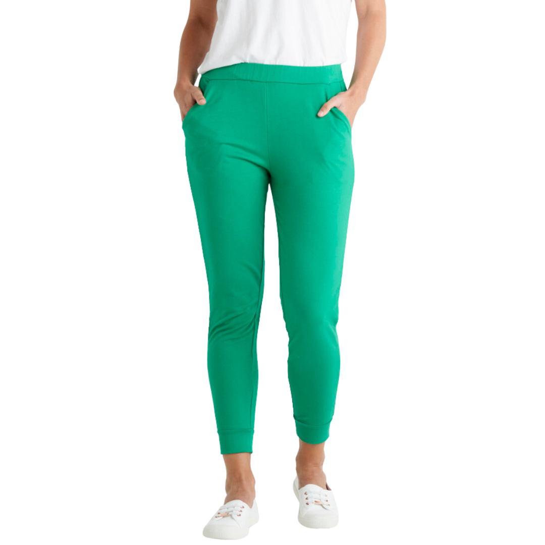 Featuring a figure flattering flat front waistband and slimming straight leg with cuff the Lindsay Jogger in Jade Green from Betty Basics were made for comfort.