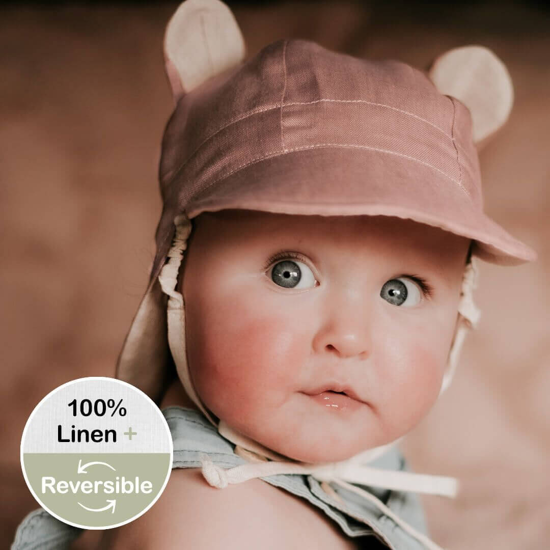 'Roamer' Baby Reversible Teddy Flap Sun Hat - Rosa / Flax