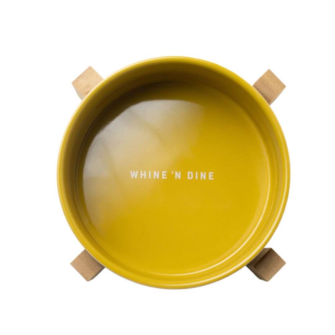Dog Bowl with Wooden Stand - Yellow