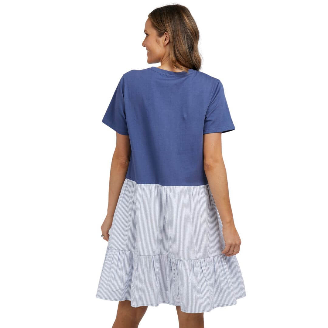 The Matilda Stripe dress features a with round neck, pull over tee style blue jersey top, half and a woven tiered panels on the bottom and our favourite - functional pockets!!!