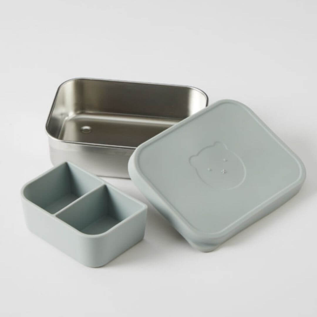 Boasting a charming bear design print silicone lid in steele blue the Rune Bento Box is a metal tin with detachable silicone compartment, making it both fashionable and functional.