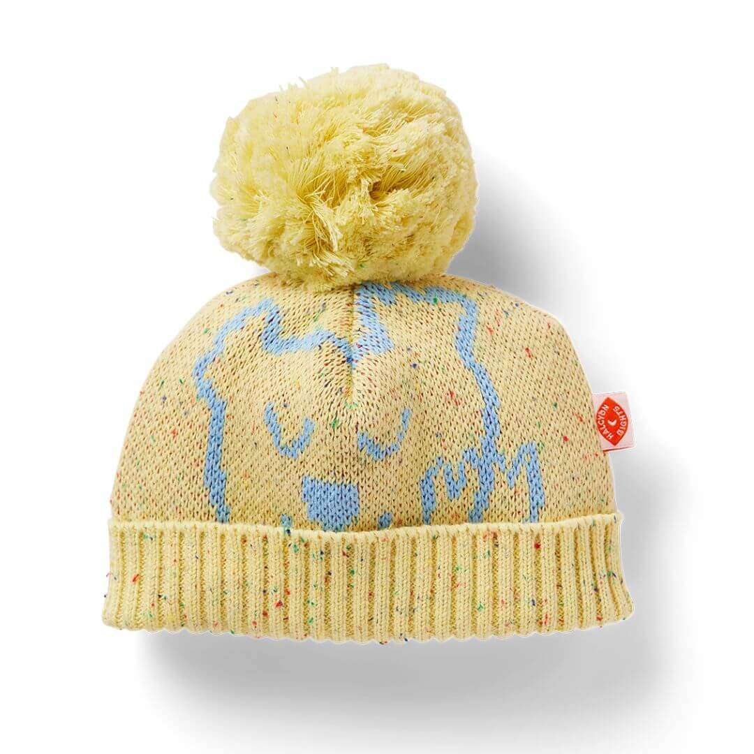 Halcyon Nights Sunny koala knit beanie is a super cute yellow machine washable beanie featuring a super cute pale blue koala print.