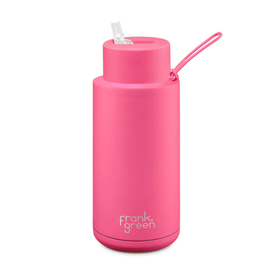 Neon Pink - Ceramic Reusable Bottle (straw) - 34oz / 1000ml