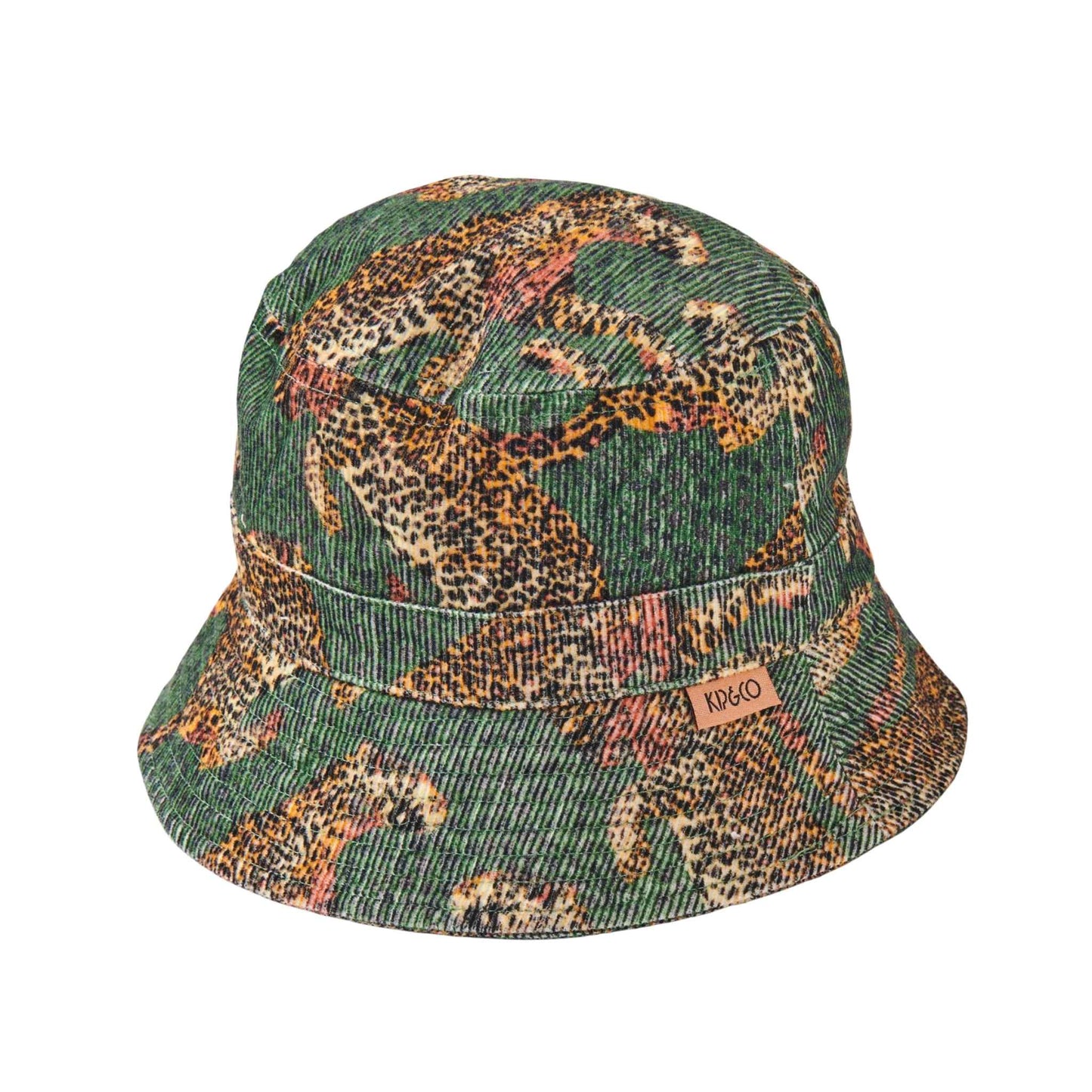 The Cheetah Corduroy Bucket Hat from Kip & CO features hand drawn cheetahs on a dark green cheetah print base with black eyelets and reverse.
