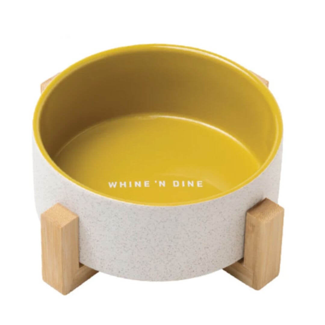 Dog Bowl with Wooden Stand - Yellow
