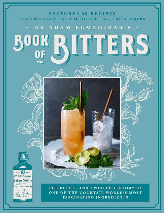 Book cover of 'Book of Bitters' with a cocktail image and text about bitters and cocktails.