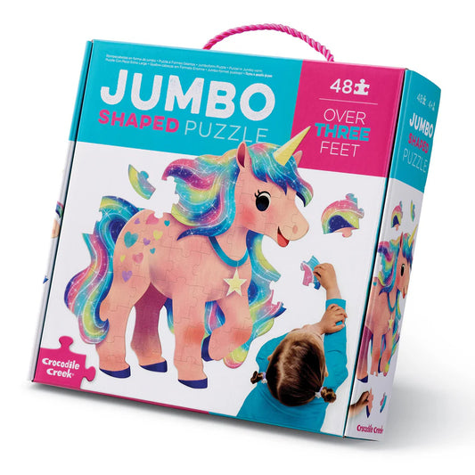 A box with a pink handle with a photo of a pink unicorn with rainbow hair with the text “Jumbo Shaped Puzzle”