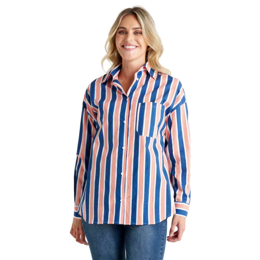 Featuring a curved front and back hem, it's all about flattering silhouettes and playful movement. The Saskia Shirt from Betty Basics features a royal blue and tomato vertical stripe 