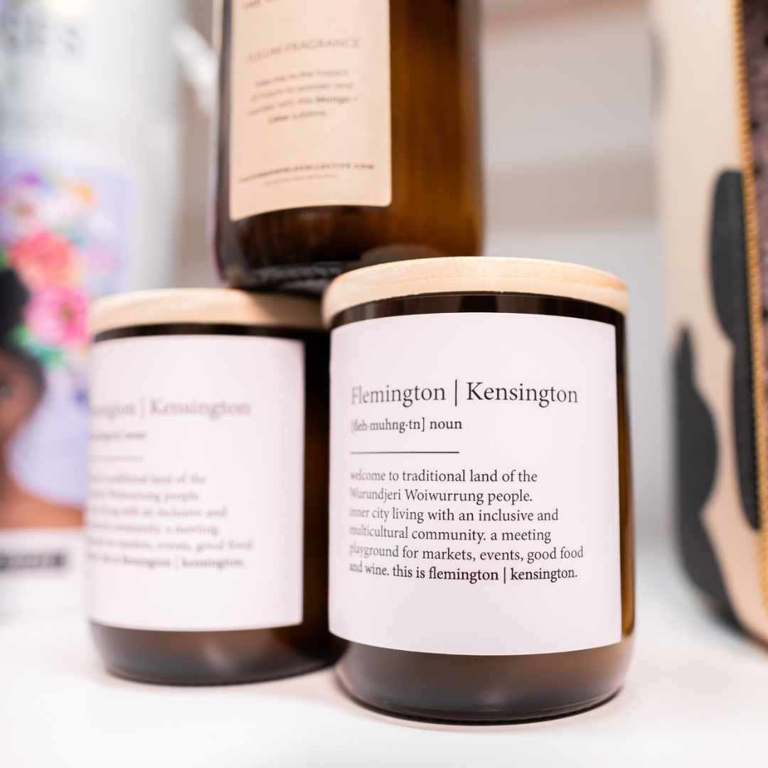 This is Flemington Kensington soy candle Available in 2 scents Byron Bay & Tulum