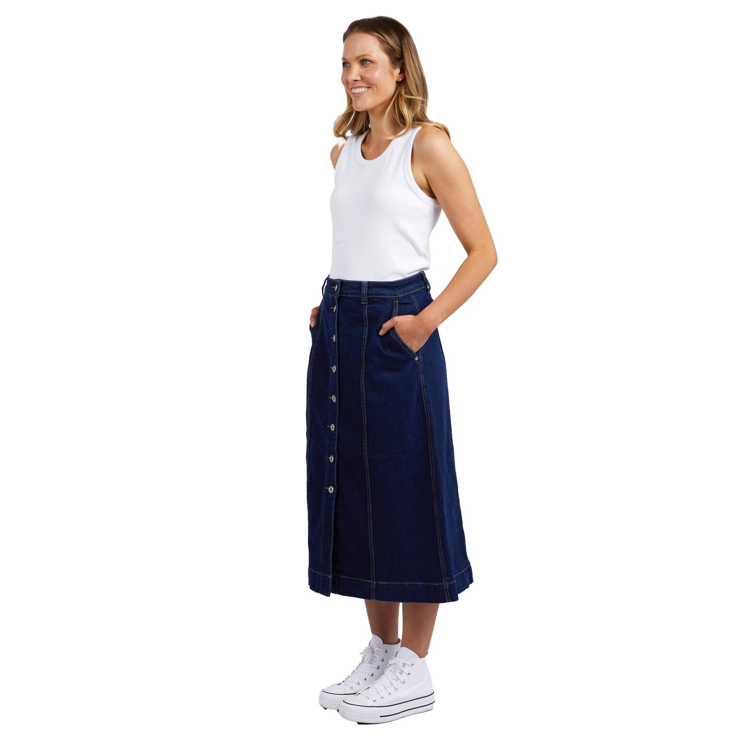 Florence Button Through Denim Skirt - Dark Blue Wash