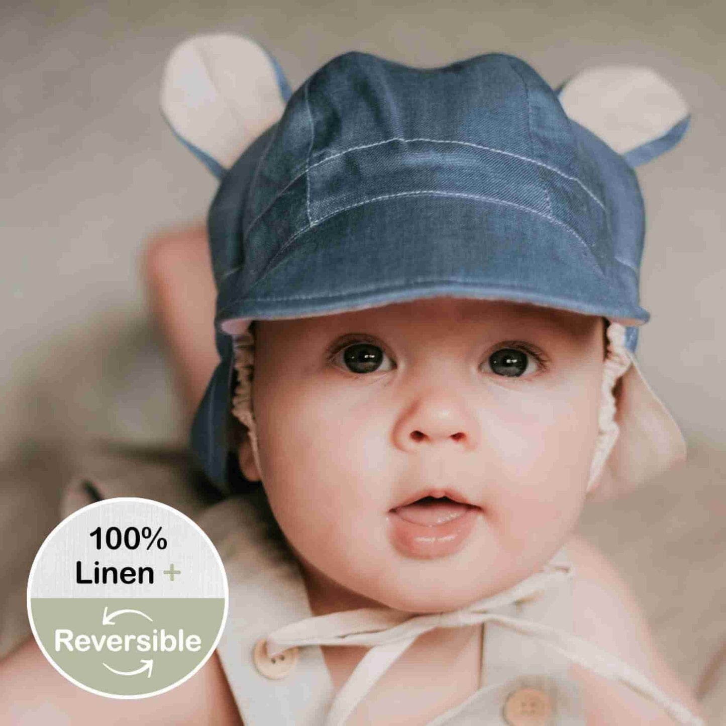 'Roamer' Baby Reversible Teddy Flap Sun Hat - Steele / Flax