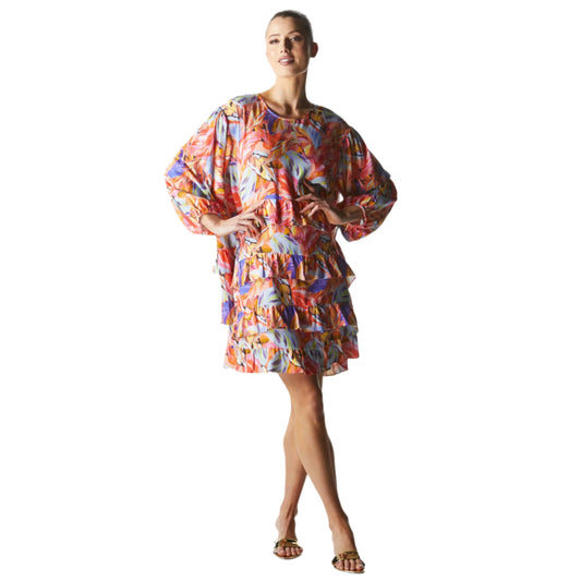 Midsummer Ruffle Long Sleeve Mini Dress - Sunset Palm