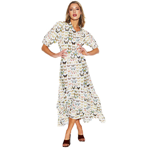 Taking Flight Shirt Dress - White Butterfly