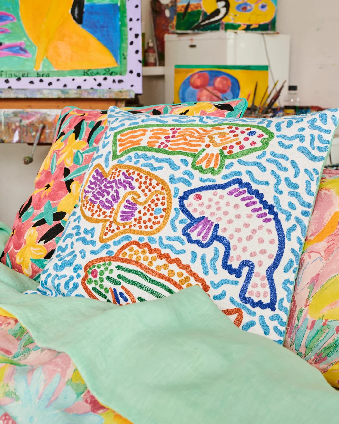 Kip&Co x Ken Done Rainbow Fish Embroidered Cushion