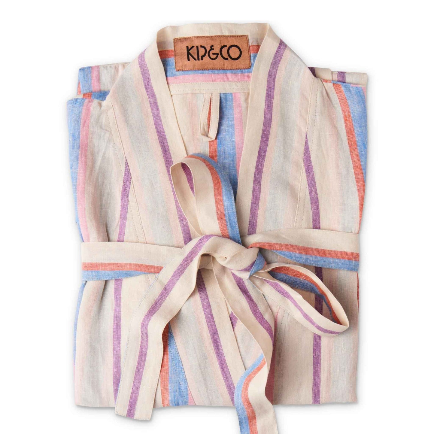  Featuring a blue, red, pink and purple stripe pattern on a white base.The Maldives Stripe Woven Linen Robe FROM KIP AND CO is the ideal light weight robe to get you through the warmer seasons.