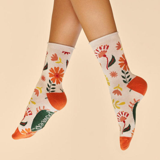 Watercolour Flowers Ankle Socks - Cream