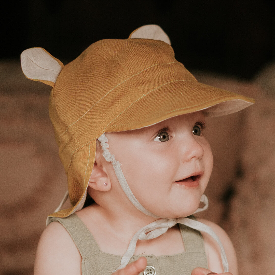 'Roamer' Baby Reversible Teddy Flap Sun Hat - Maize / Flax