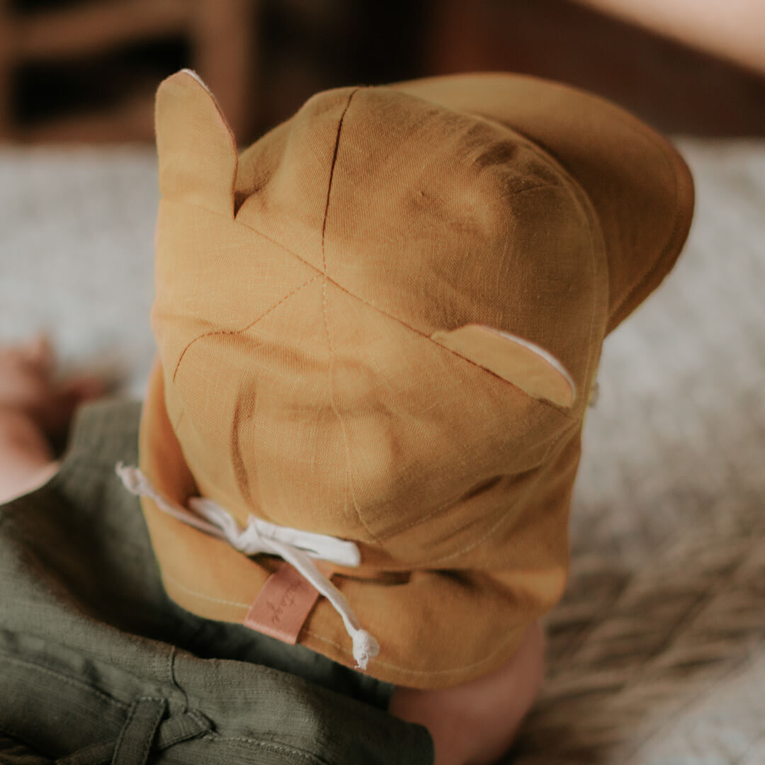 'Roamer' Baby Reversible Teddy Flap Sun Hat - Maize / Flax