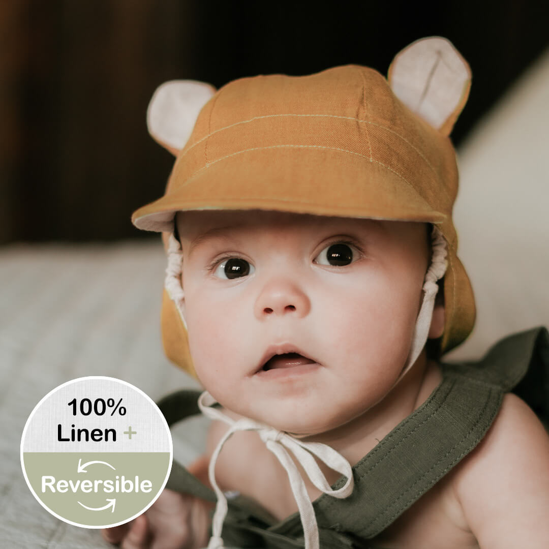 'Roamer' Baby Reversible Teddy Flap Sun Hat - Maize / Flax