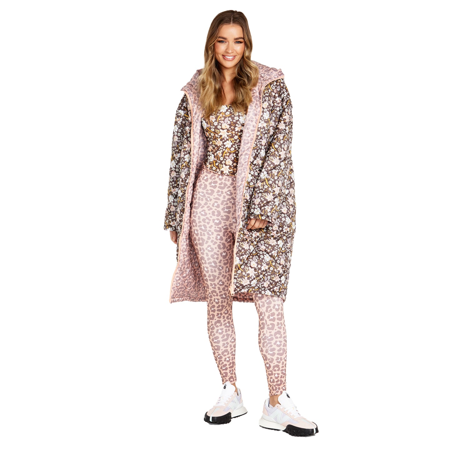 Alessia Reversible Long Puffer Jacket - Chocolate Floral/Pink Cheetah