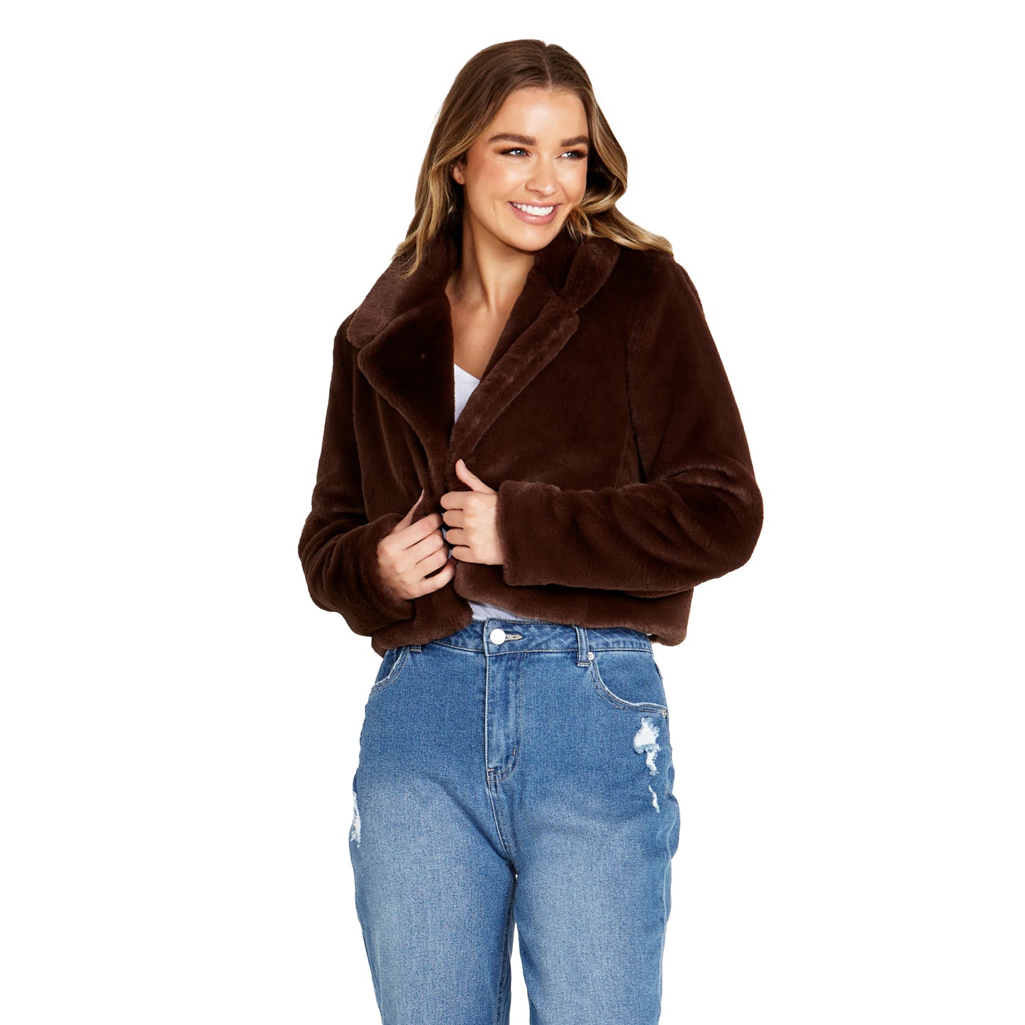 Xanthe Cropped Faux Fur Jacket - Chocolate Brown