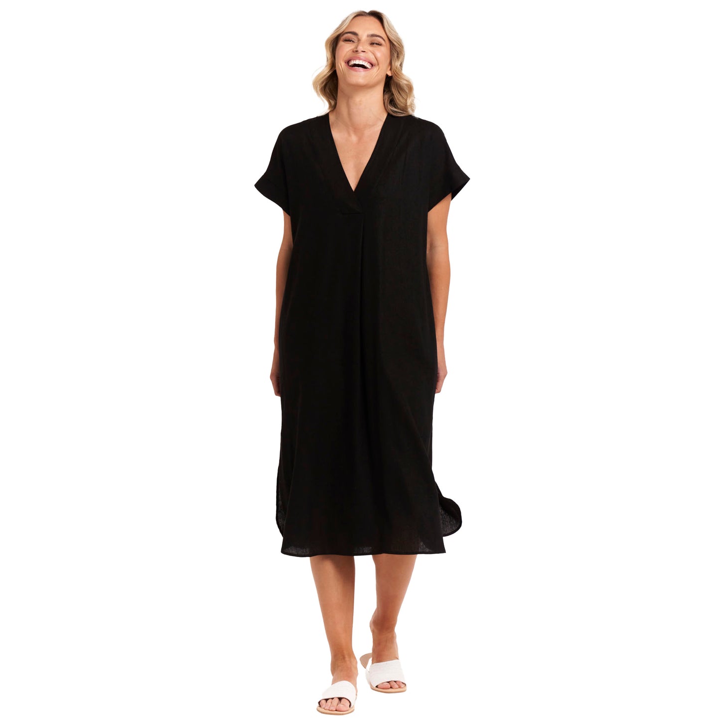 Roma V-Neck Relaxed Linen Midi Dress - Black