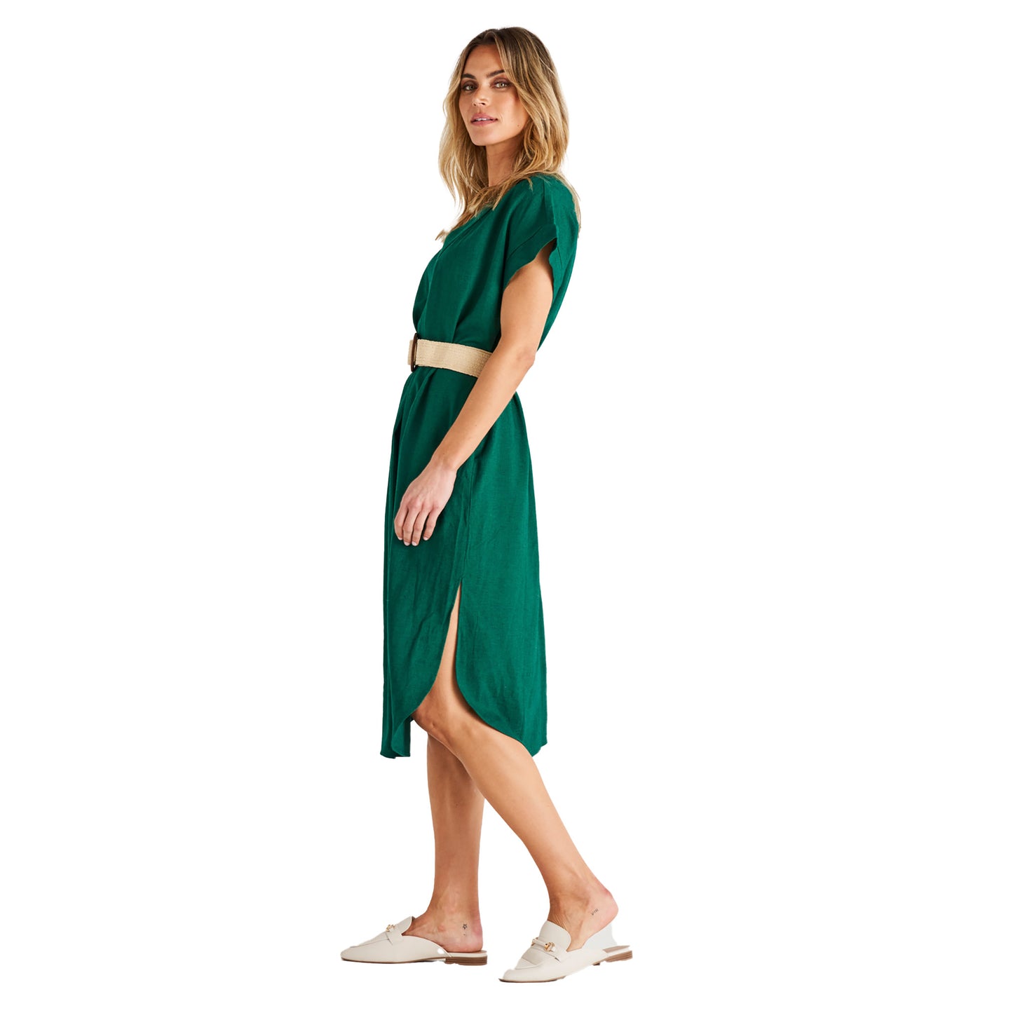 Roma V-Neck Relaxed Linen Midi Dress - Hunter Green