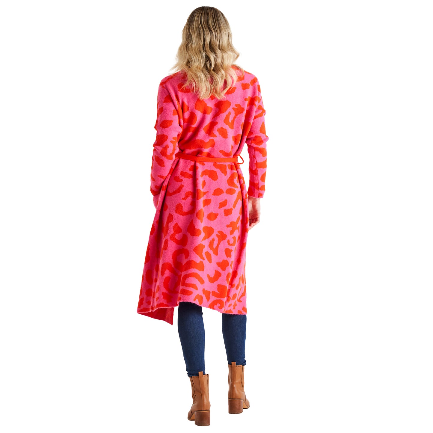 Swift Wraparound Oversized Tie Waist Cardigan - Pink/Red Cheetah Print