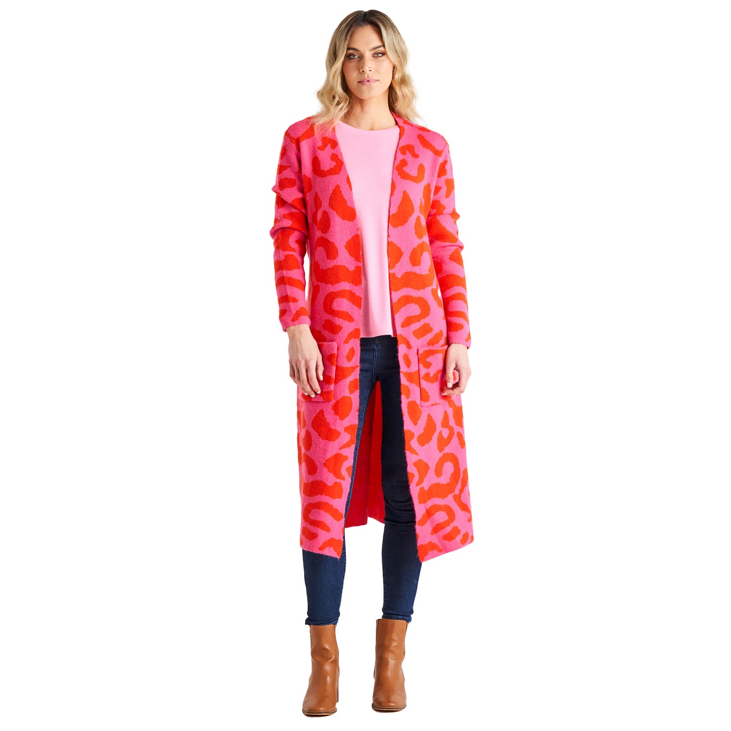 Swift Wraparound Oversized Tie Waist Cardigan - Pink/Red Cheetah Print