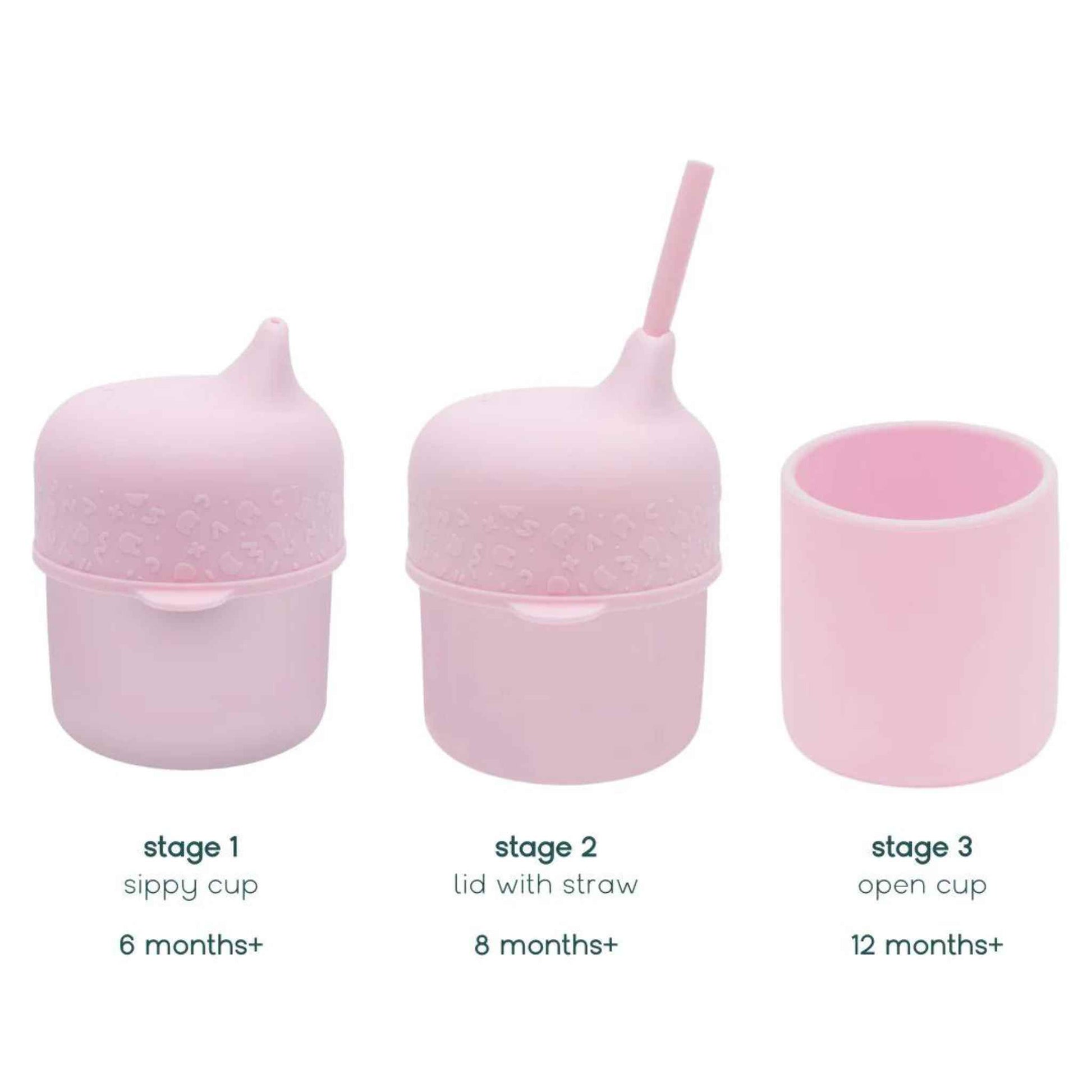 We Might Be Tiny's Sippie cup Set in powder pink comes with 1 grip cup, a no spill sippie lid and a mini straw to see your little one through all developmental stages. this set is gift boxing, ready for gifting to babies or is a great gift for children