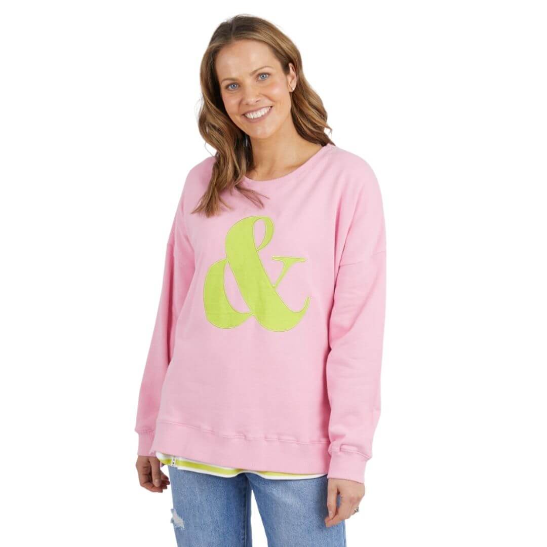 The And All That Crew from Elm Lifestyle is 100% cotton sorbet coloured fleece with a stunning lime green ampersand applique on the front.