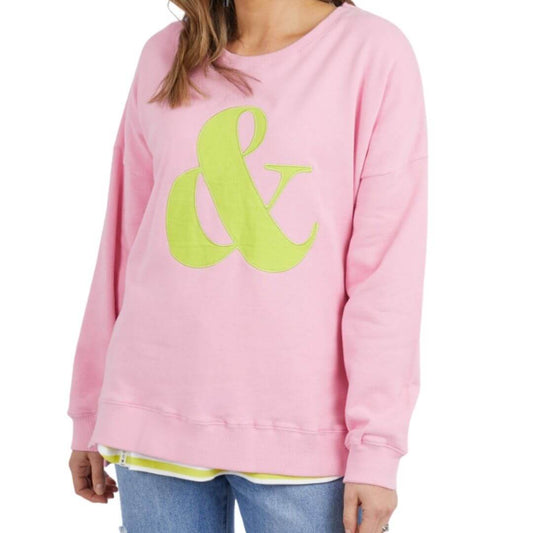 The And All That Crew from Elm Lifestyle is 100% cotton sorbet coloured fleece with a stunning lime green ampersand applique on the front.