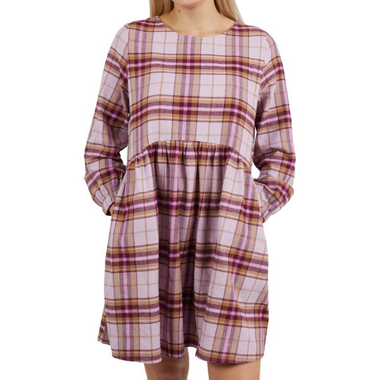 The Harriet Check Dress from Elm Clothing is a luxe soft brushed cotton blend and features a beautiful wine coloured check in a mid length style.