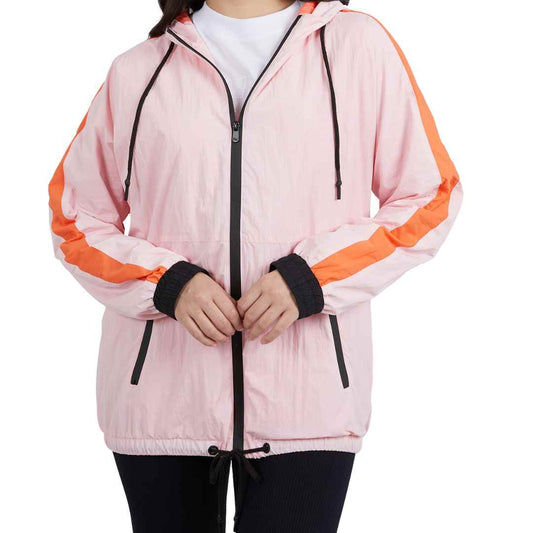The Shelly Spray jacket from Foxwood is an adorable lightweight pale pink spray with black contrast fixtures and  made from enviro-friendly recycled crinkle nylon. 